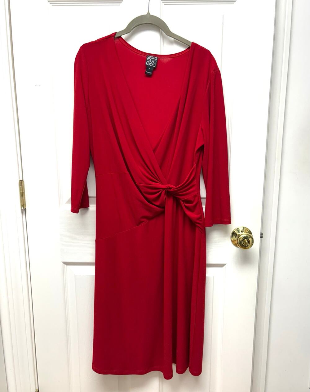 Clara Sun Woo Dress Red Faux Wrap Stretch Travel Lightweight No Iron Size L